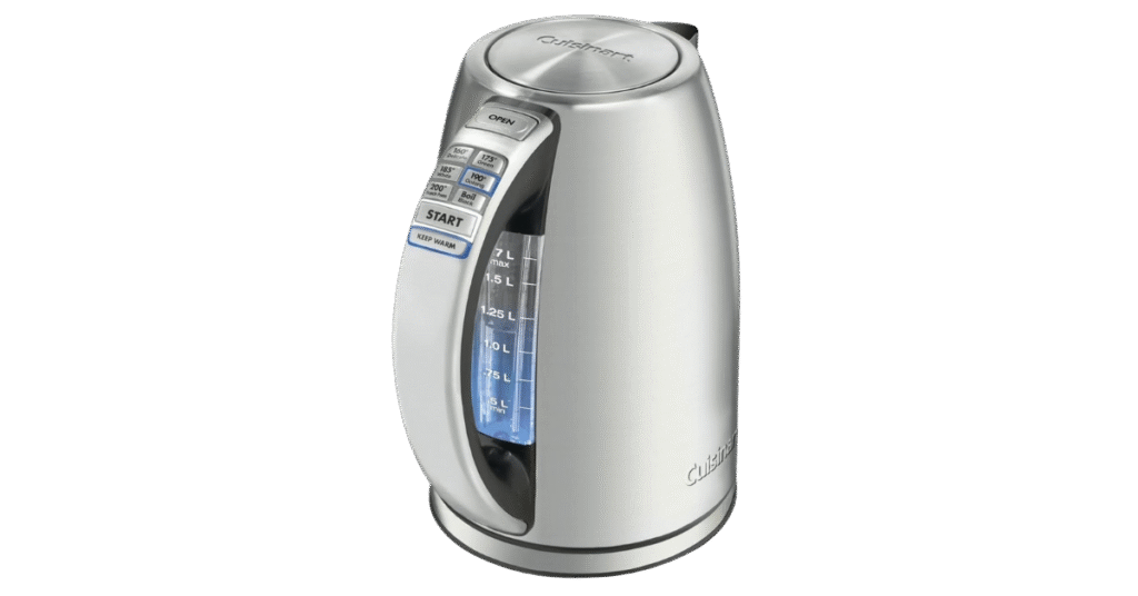 A brushed metal electric appliance with temperature control settings and a wide handle.
