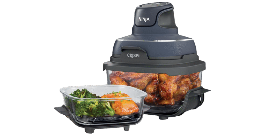 The innovative Ninja Crispi with its see-through glass cooking basket.