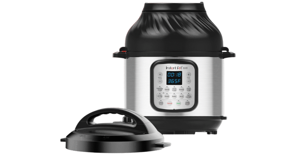 The Instant Pot Duo Crisp showing both the pressure cooker and air frying lids.