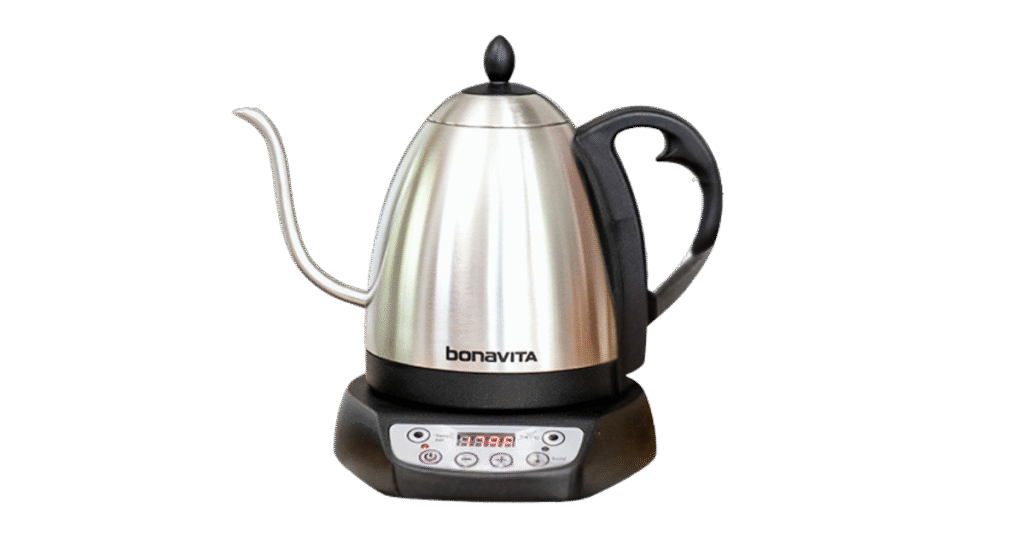 A stainless steel pour-over kettle with a precision spout and black handle.